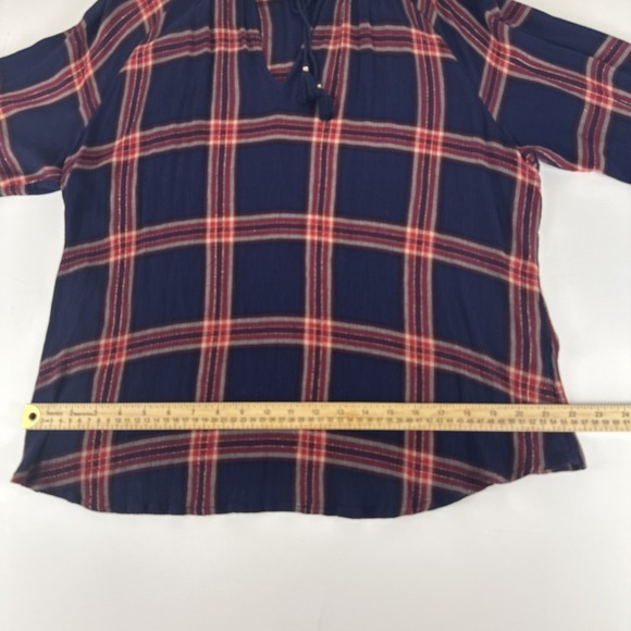Lucky Brand Plaid Blouse Women 1X Navy Blue Boho Tassel Tie Rayon Top - Picture 8 of 12